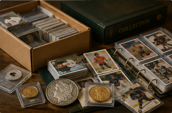 An inherited collection: a box of sleeved sports cards, binders, a Morgan silver dollar and gold coins on a wooden table