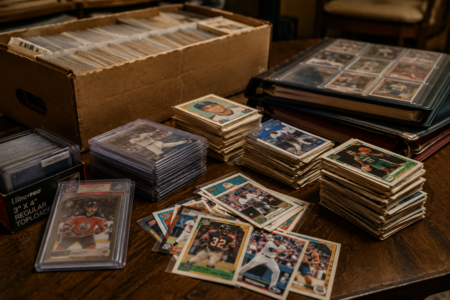 A box of sports cards with stacks of loose cards, binders and cards in protective holders